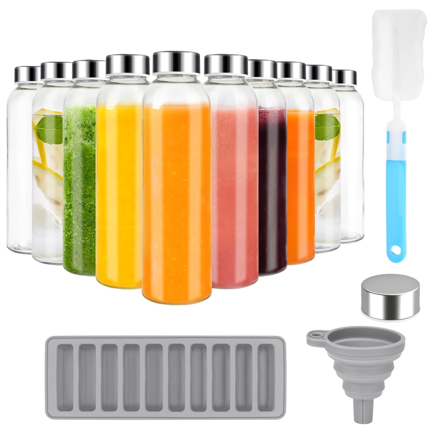 Zukro 18 oz Glass Juice Bottles with Lids for Juicing, Reusable Clear Glass Water Bottles with Stainless Steel Airtight Cap for Refrigerator, 100% Leak Proof, BPA Free, ECO Friendly, Set of 12