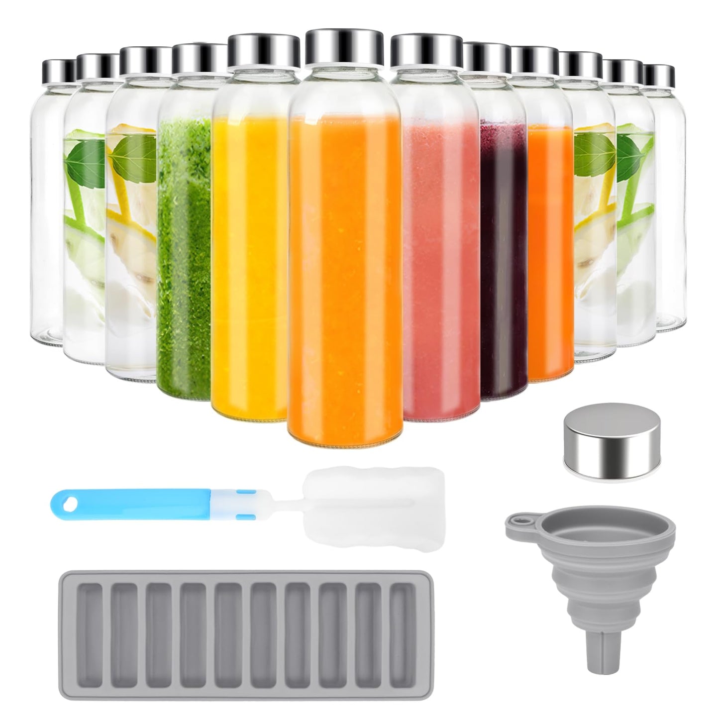 Zukro 18 oz Glass Juice Bottles with Lids for Juicing, Reusable Clear Glass Water Bottles with Stainless Steel Airtight Cap for Refrigerator, 100% Leak Proof, BPA Free, ECO Friendly, Set of 12
