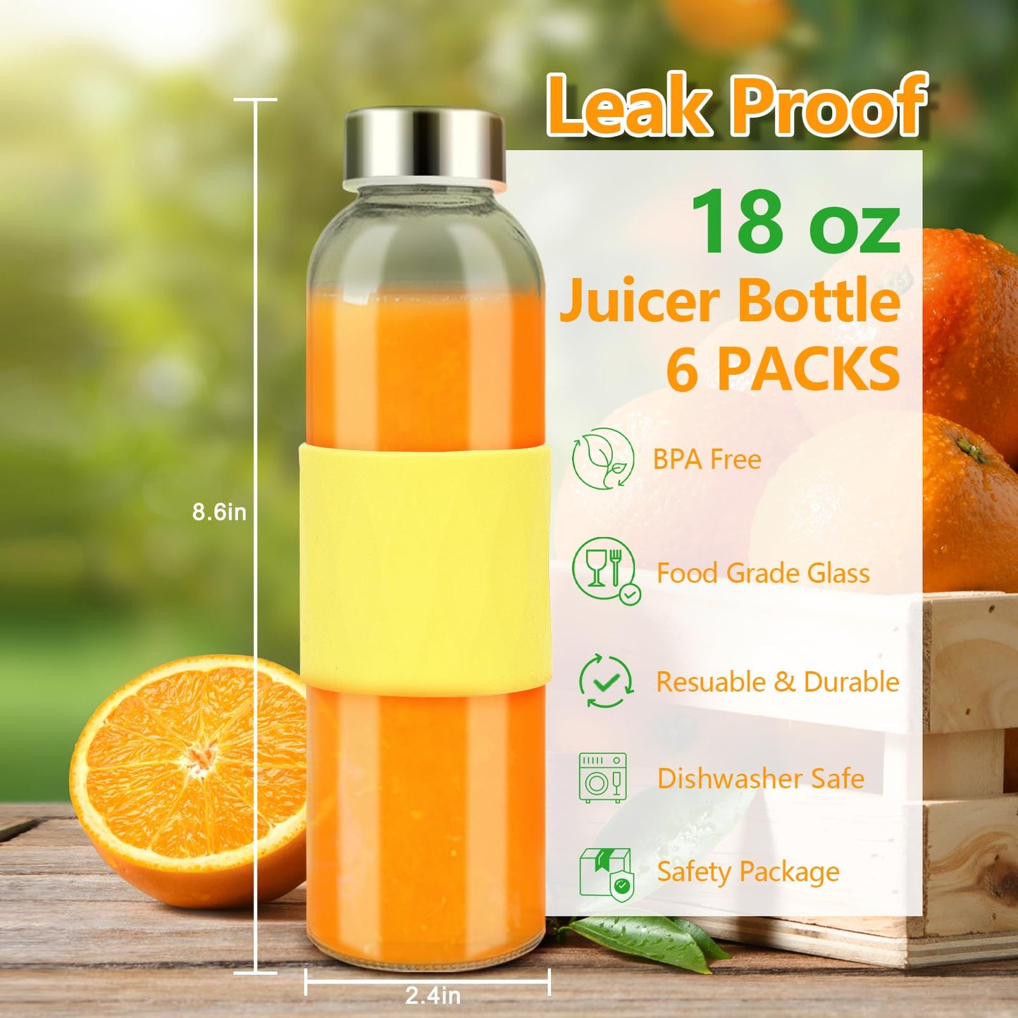 Zukro 18 oz Glass Juice Bottles with Lids for Juicing, Reusable Clear Glass Water Bottles with Stainless Steel Airtight Cap for Refrigerator, 100% Leak Proof, BPA Free, ECO Friendly, Set of 12