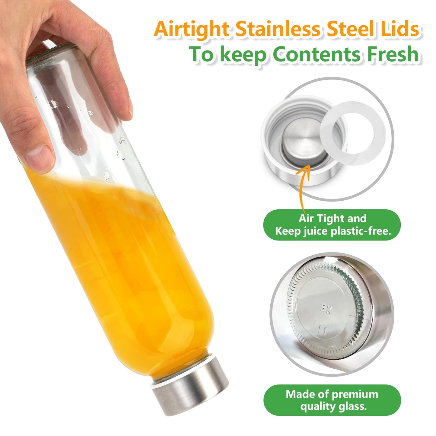 Zukro 18 oz Glass Juice Bottles with Lids for Juicing, Reusable Clear Glass Water Bottles with Stainless Steel Airtight Cap for Refrigerator, 100% Leak Proof, BPA Free, ECO Friendly, Set of 12