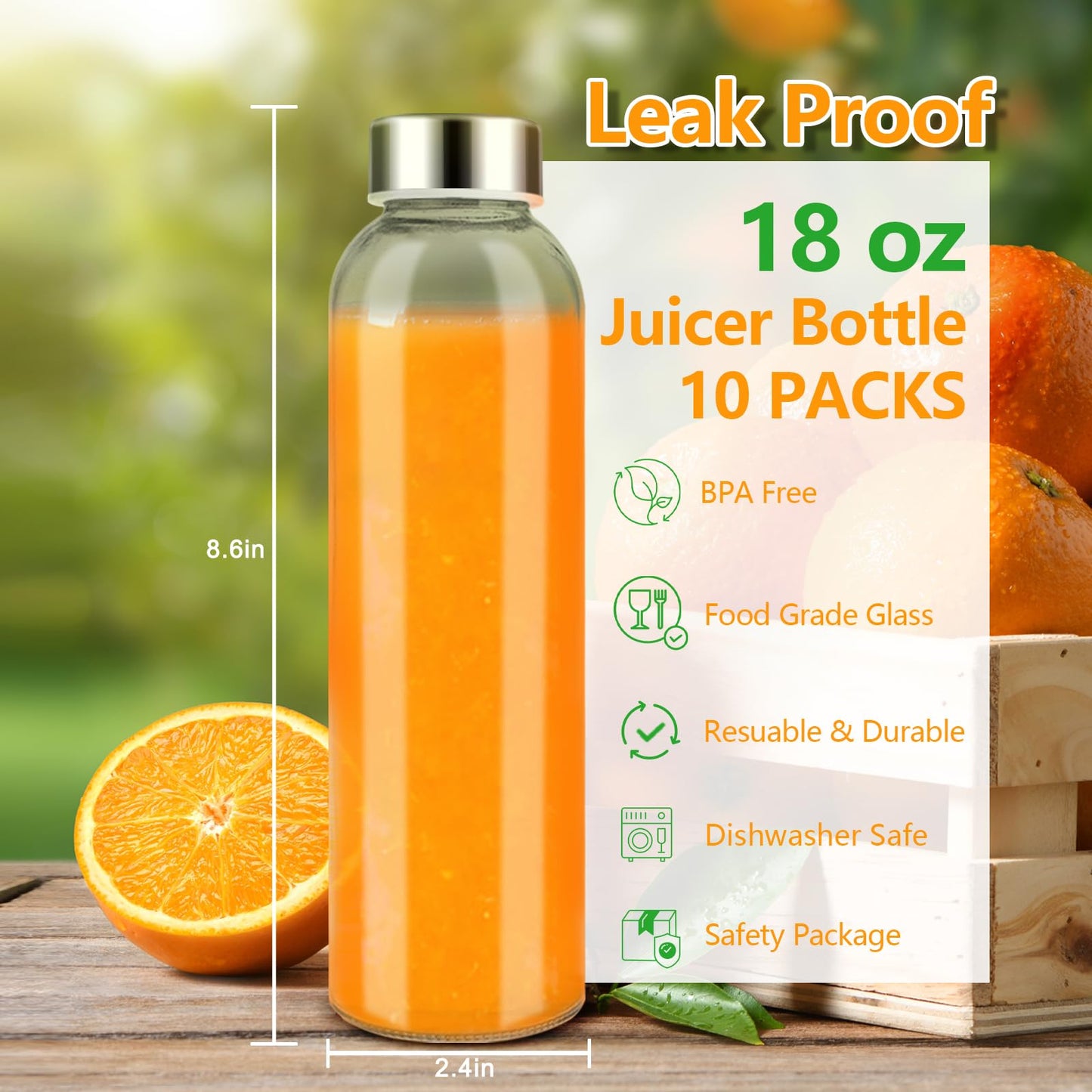 Zukro 18 oz Glass Juice Bottles with Lids for Juicing, Reusable Clear Glass Water Bottles with Stainless Steel Airtight Cap for Refrigerator, 100% Leak Proof, BPA Free, ECO Friendly, Set of 12