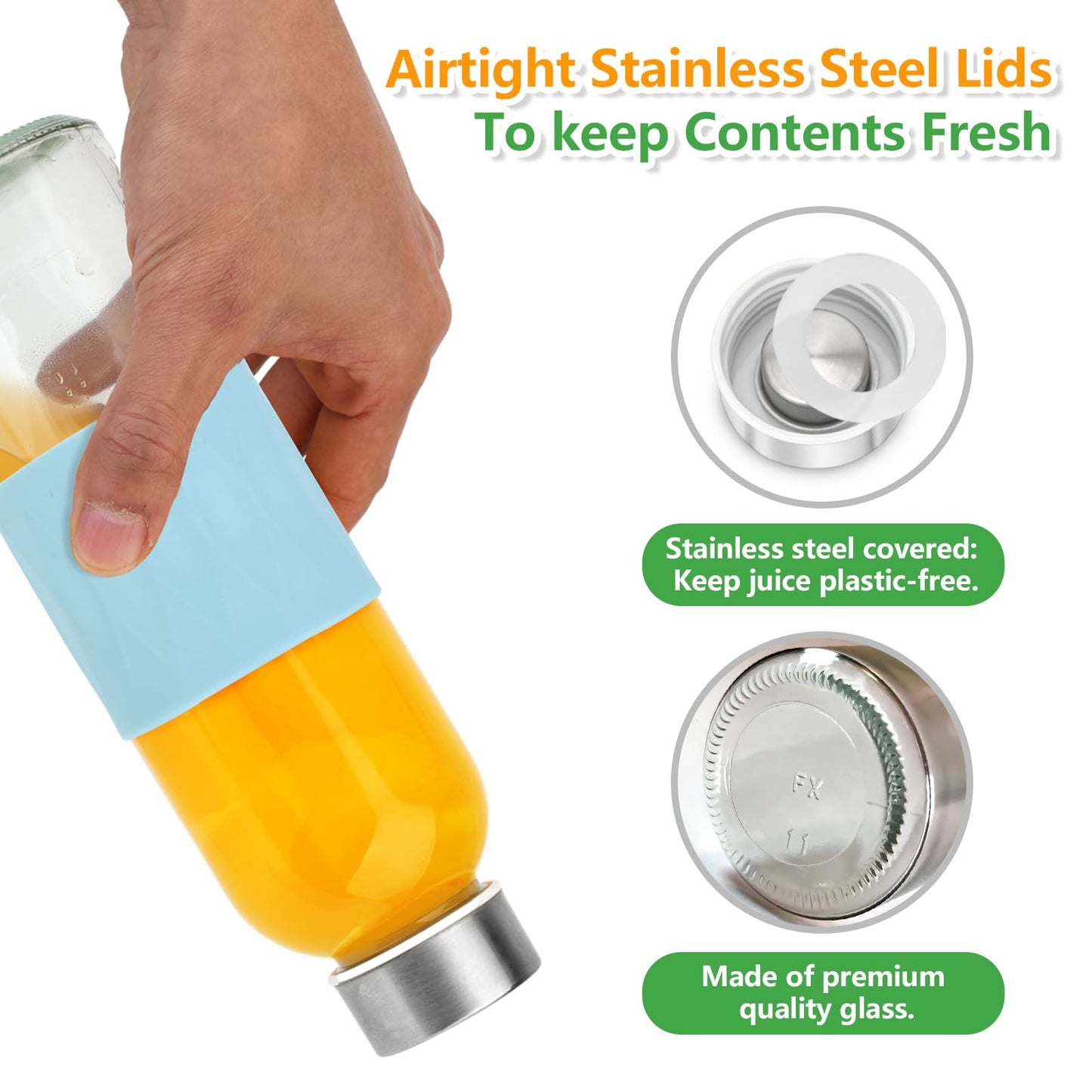 Zukro 18 oz Glass Juice Bottles with Lids for Juicing, Reusable Clear Glass Water Bottles with Stainless Steel Airtight Cap for Refrigerator, 100% Leak Proof, BPA Free, ECO Friendly, Set of 12
