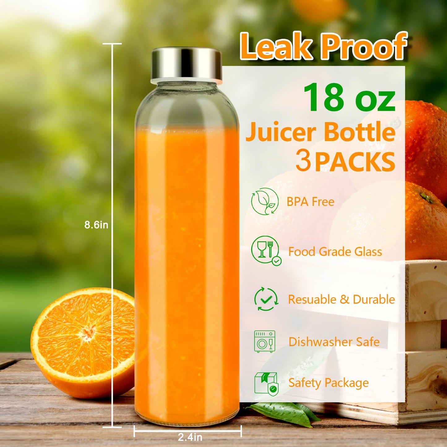 Zukro 18 oz Glass Juice Bottles with Lids for Juicing, Reusable Clear Glass Water Bottles with Stainless Steel Airtight Cap for Refrigerator, 100% Leak Proof, BPA Free, ECO Friendly, Set of 12