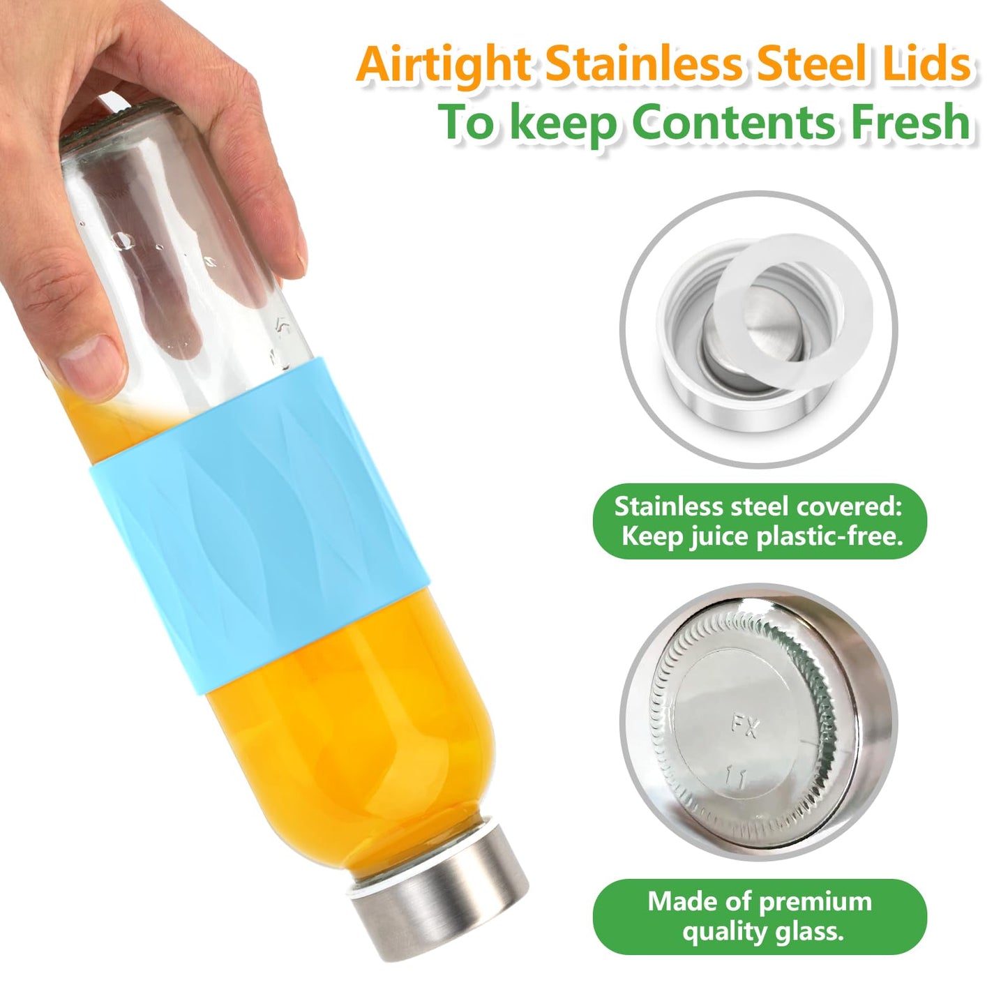 Zukro 18 oz Glass Juice Bottles with Lids for Juicing, Reusable Clear Glass Water Bottles with Stainless Steel Airtight Cap for Refrigerator, 100% Leak Proof, BPA Free, ECO Friendly, Set of 12