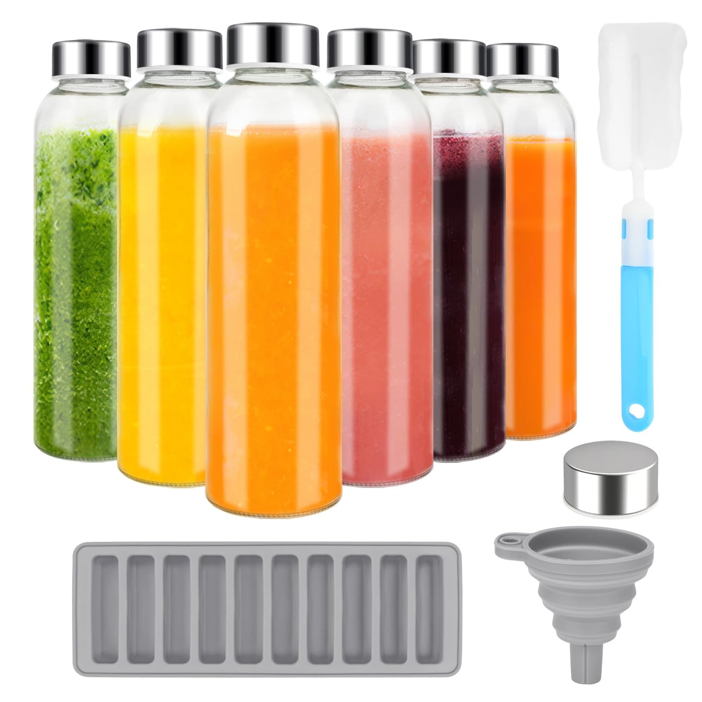 Zukro 18 oz Glass Juice Bottles with Lids for Juicing, Reusable Clear Glass Water Bottles with Stainless Steel Airtight Cap for Refrigerator, 100% Leak Proof, BPA Free, ECO Friendly, Set of 12