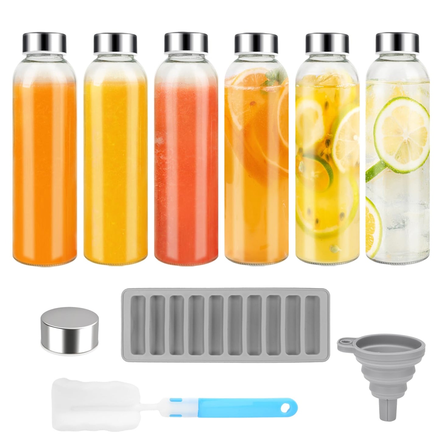 Zukro 18 oz Glass Juice Bottles with Lids for Juicing, Reusable Clear Glass Water Bottles with Stainless Steel Airtight Cap for Refrigerator, 100% Leak Proof, BPA Free, ECO Friendly, Set of 12