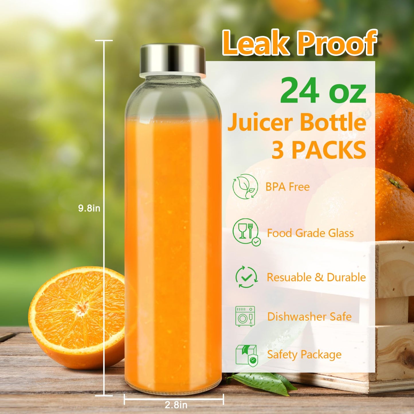 Zukro 18 oz Glass Juice Bottles with Lids for Juicing, Reusable Clear Glass Water Bottles with Stainless Steel Airtight Cap for Refrigerator, 100% Leak Proof, BPA Free, ECO Friendly, Set of 12