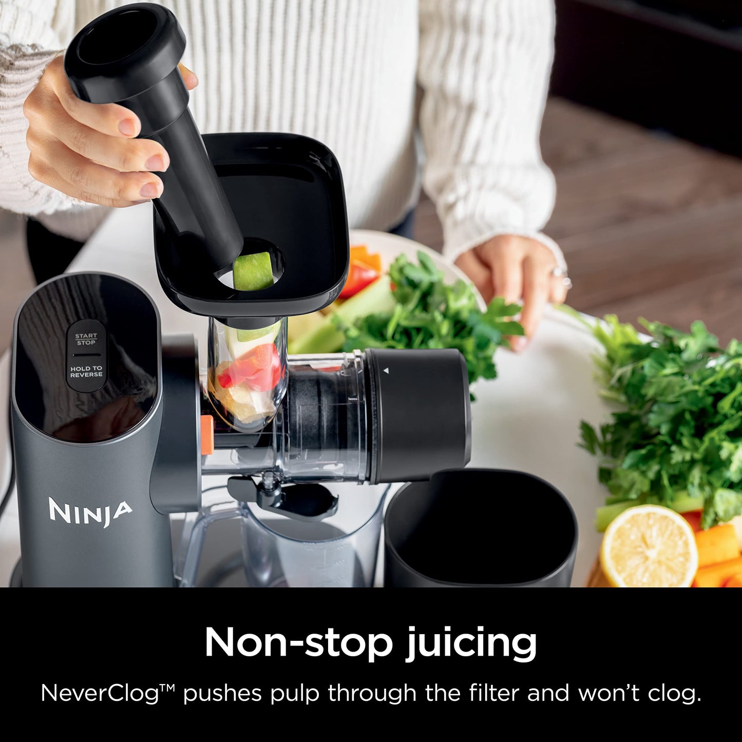 Ninja Cold Press Juicer, NeverClog Powerful Compact Slow Juicer with Total Pulp Control, XL Pulp Container and Juice Jug, Easy to Clean, JC151C (Canadian Version)