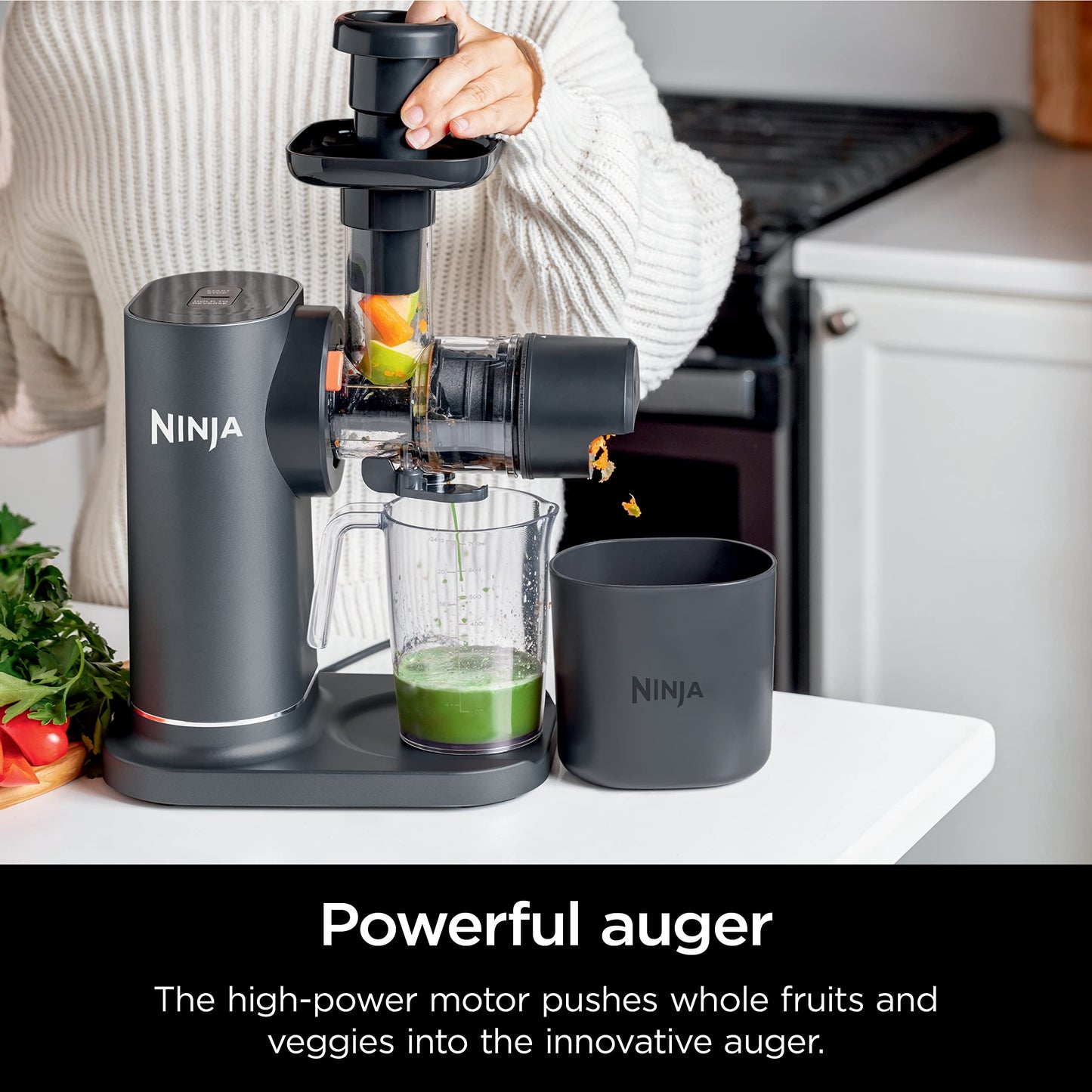 Ninja Cold Press Juicer, NeverClog Powerful Compact Slow Juicer with Total Pulp Control, XL Pulp Container and Juice Jug, Easy to Clean, JC151C (Canadian Version)
