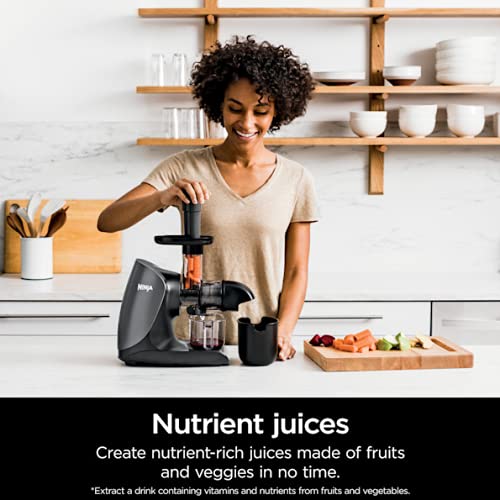 Ninja Cold Press Juicer, NeverClog Powerful Compact Slow Juicer with Total Pulp Control, XL Pulp Container and Juice Jug, Easy to Clean, JC151C (Canadian Version)