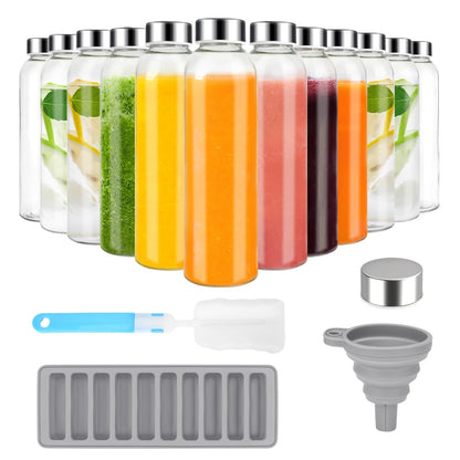 Zukro 18 oz Glass Juice Bottles with Lids for Juicing, Reusable Clear Glass Water Bottles with Stainless Steel Airtight Cap for Refrigerator, 100% Leak Proof, BPA Free, ECO Friendly, Set of 12