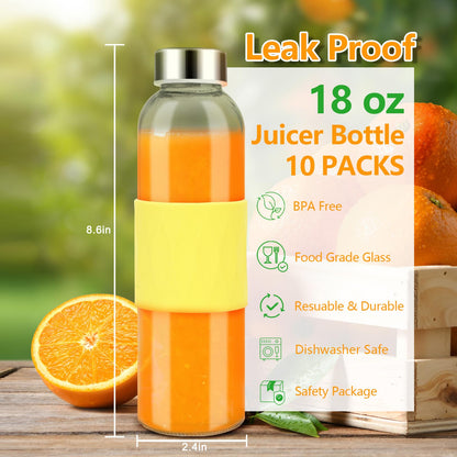 Zukro 18 oz Glass Juice Bottles with Lids for Juicing, Reusable Clear Glass Water Bottles with Stainless Steel Airtight Cap for Refrigerator, 100% Leak Proof, BPA Free, ECO Friendly, Set of 12